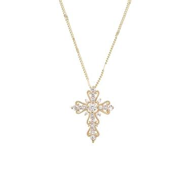Imagem de Jovialpixie Colar feminino com pingente de cruz de ouro banhado a 18 k/14 K com pedras de zircônia cúbica, corrente ajustável de 40,6 a 45,7 cm, joia delicada para o dia a dia, presente de Natal