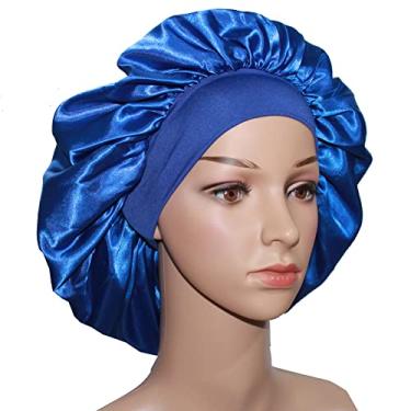 Imagem de Touca de cetim de cabelo para dormir, touca de seda para quimioterapia com faixa elástica larga touca de dormir noturna para mulheres negras tranças com saco de armazenamento de cetim (azul royal)