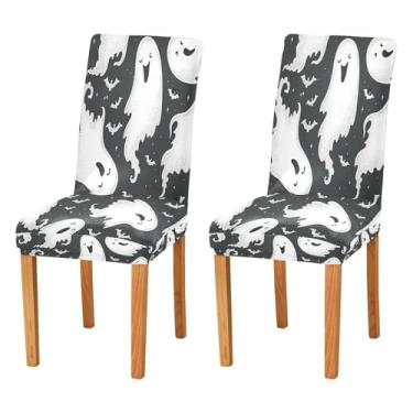 Imagem de Qilmy Conjunto de 2 capas elásticas para cadeira de jantar Halloween Boo, laváveis e removíveis, para sala de jantar, cozinha, hotel, banquete, festa, protetores de cadeira