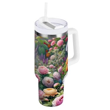 Imagem de ODAWA Copos isolados de aço inoxidável para jardim floral com alça e palha, copo de água isolado grande