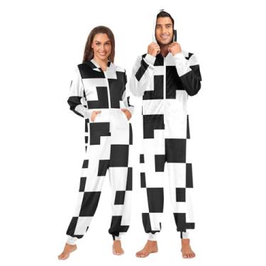 Imagem de Pijama feminino preto e branco com zíper, pijama de Halloween adulto feminino PP, Xadrez preto e branco 2, GG