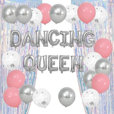 Imagem de FYSUIMU 34 Pcs Dancing Queen Birthday Party Decoration Pink Silver Latex Balloons Plastic Fringe Curtain Photo Props for Mamma Mia Disco Party Supplies