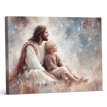 Imagem de Impressão de arte de parede de Jesus Cristão e Menino Crianças Jesus Céu Estrelado Pintura em Tela Arte Religiosa Decoração de Parede para Casa Sala de Estar Quarto 20x25 Emoldurado