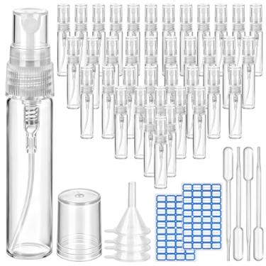Imagem de ZHWKMYP 50 mini frascos de spray, 5 ml/4,8 g, 38 peças, atomizador de vidro recarregável, vazio, para viagem, frasco de perfume recarregável com funis e conta-gotas