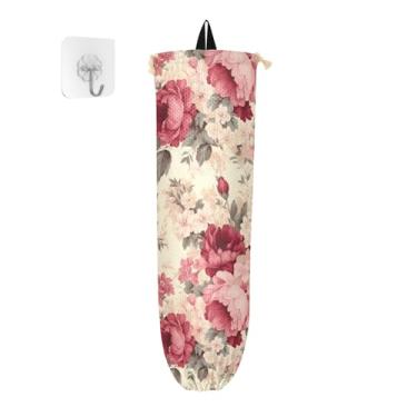 Imagem de Flores vintage em um protetor de saco bege para sacolas plásticas, suportes de sacolas plásticas, suporte de saco plástico de cozinha