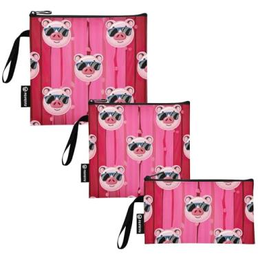 Imagem de Cute Pig Pink Listrado Tecido Lavável Lanche e Saco Sanduíche Reutilizável, Bolsa de Armazenamento de Alimentos com Zíper para Viagem, Trabalho, Escola, Escritório (conjunto de 3: P/M/G)