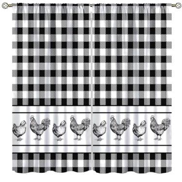 Imagem de Cortinas blackout estampadas Farmhouse Chick preto e branco xadrez com estampa de pintinho Cortinas de janela para cozinha, quarto, sala de estar e sala de jantar 107 cm L x 114 cm C
