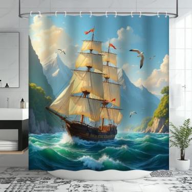 Imagem de Cortina de chuveiro navio pirata náutico veleiro azul-petróleo verde oceano aventura onda do mar tecido gaivota decoração de banheiro cortina com ganchos, 70Lx70H