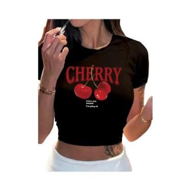 Imagem de Camiseta Cropped Feminina Com Estampa De Cereja Y2K, Decote Redondo, M