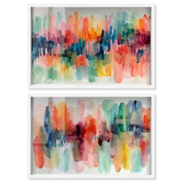 Imagem de Conjunto de 2 arte de parede de banheiro com estampa de caixa de sombra, energia costeira e azul-petróleo e coral, moldura branca, 63 x 43 cm