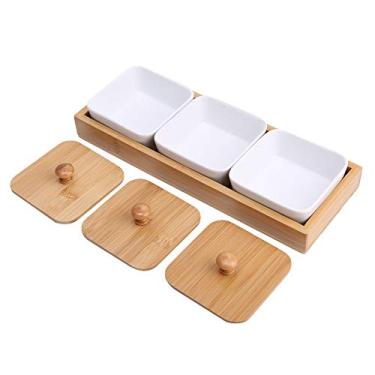 Imagem de GLOGLOW Prato para Servir Aperitivos de Cerâmica Com Tampa de Bandeja de Bambu, Design de 3 Compartimentos, Branco, 11,02 X 4,02 X 1,61 Polegadas, para Suprimentos de Armazenamento de Lanches e