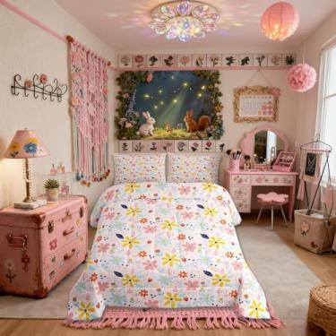 Imagem de Jogo de cama com estampa floral e botânica, estampa kawaii, lençol com folhas de plantas, rosa, 2 fronhas