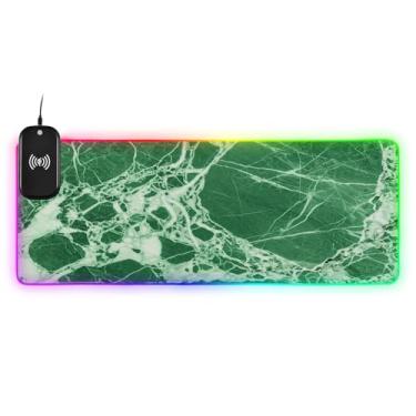Imagem de CEBUGI Mouse pad de carregamento sem fio com texturas de mármore verde 15 W rápido para jogos com 14 iluminação LED RGB para jogos, PC, laptop, mesa 90,9 x 39,9 cm
