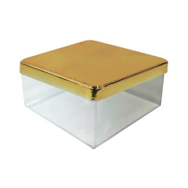 Imagem de Kit 2 Caixas Cake Box Acrílico Quadrada C/Tampa Metalizada Para Lembrancinha 15x15 (Tampa Metalizada Dourada)
