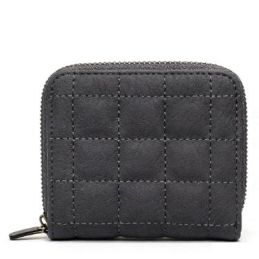Imagem de Carteira feminina pequena de couro PU com bloqueio de RFID, porta-cartões com zíper, bolso para moedas, janela para identidade, Cinza, Tendência