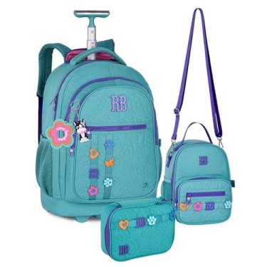 Imagem de Kit Mochila de Rodinhas Lancheira Térmica e Estojo Box Rebec Bonbon Flower Power RB Escolar Trabalho Faculdade Verde