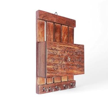 Imagem de Nautical Store kings Porta-chaves marrom de madeira com caixa de armazenamento, suporte de caneta e suporte de 5 ganchos de madeira para parede de casa, escritório, corredor e sala de estar