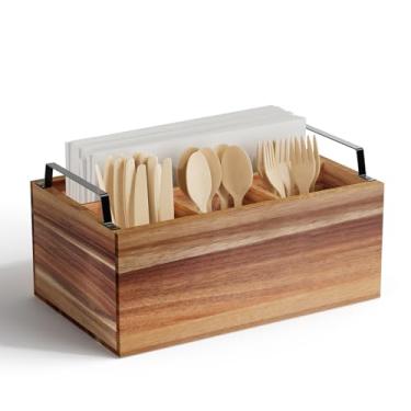 Imagem de Yaoyiizy Organizador de talheres de madeira, suporte de talheres de madeira de acácia, suporte de utensílios para festa, grande, 28 x 17 x 10 cm