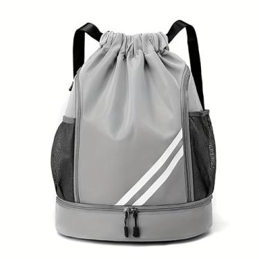 Imagem de Mochila esportiva com cordão, mochila esportiva com cordão à prova d'água, bolsa de natação com compartimento para sapatos, bolsa esportiva para futebol e basquete, para mulheres e homens, cinza