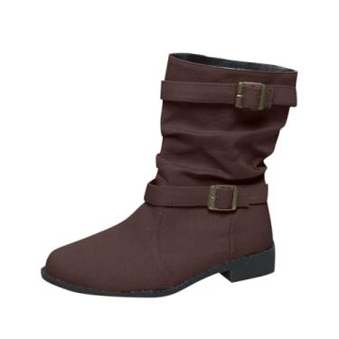 Imagem de Bota feminina jeans com fivela e salto grosso, bico redondo, cano baixo, para outono e inverno, Marrom, 38