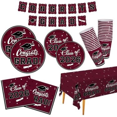 Imagem de Artigos para festa de formatura 2022, conjunto de louça de festa de formatura, pratos de papel descartáveis, guardanapos, copos, toalha de mesa para decoração de festa de formatura, parabéns, serve 25