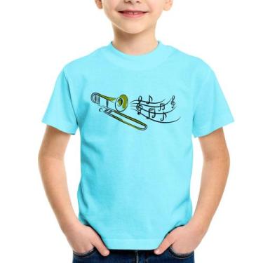 Imagem de Camiseta Infantil Trombone Notas Musicais - Foca na Moda, Azul claro, 