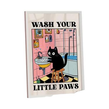 Imagem de Arte De Parede Em Lona Kawaii Com Gato Lavando as Patas Para Banheiro,