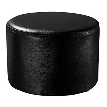 Imagem de Pufe redondo de couro branco – Banco pequeno estofado com pernas de madeira maciça, 28 x 28 x 30 cm, perfeito para decoração de sala de estar e mesa de centro