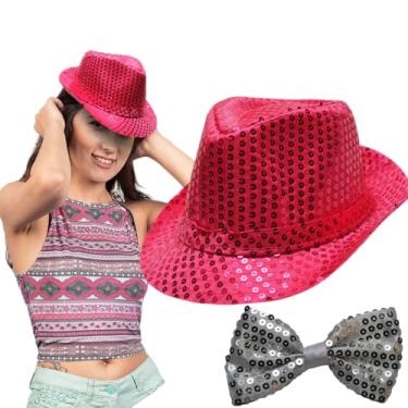 Imagem de Chapéu Malandro Carnaval Mais Gravata Borboleta Look Brilhante Rosa e Prata