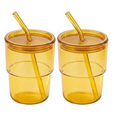 Imagem de Coolcapis Copo de água de 370 ml, canecas de café de vidro com canudo e tampa (2 peças âmbar)