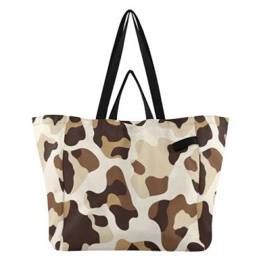 Imagem de SEHANY Sacolas de compras reutilizáveis com estampa de vaca marrom e branca com alças reforçadas, bolsa de compras de lona dobrável à prova d'água de grande capacidade para viagem, cozinha, praia