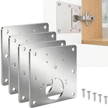 Imagem de Kit de reparo de dobradiça de armário de 4 peças, suportes de alinhamento de aço inoxidável e kit de substituição de reparo de parafusos antifrouxos, calços de dobradiça de armário embutidos para