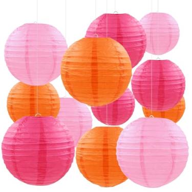 Imagem de 12 peças de lanternas de papel rosa laranja decorativas redondas para aniversário, chá de bebê, casamento, formatura, outono, agradecimento, decoração de festa