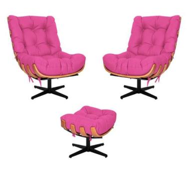 Imagem de Kit 02 Poltronas e Puff Costela Base Giratória Sintético Pink - Doce S