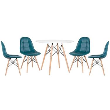 Imagem de Loft7, Kit Mesa Eames 90 cm branco + 4 cadeiras Eames Botonê turquesa
