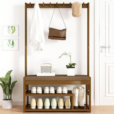 Imagem de Hall Tree com banco e armazenamento de sapatos, banco de entrada 3 em 1 com cabideiro, cabideiro independente banco de sapatos para casa, escritório, quarto, sala de estar