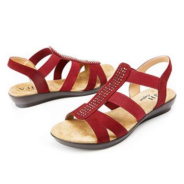 Imagem de Sandália feminina VJH Conforto com strass aberta nos dedos elástica sem cadarço confortável casual para caminhada, Vermelho, 9