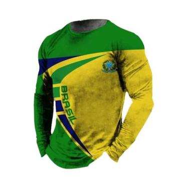 Imagem de Camiseta Masculina Retro Com Estampa 3D Da Bandeira Do Brasil, Manga L