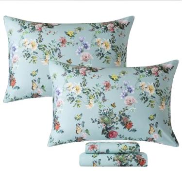 Imagem de FADFAY Jogo de cama queen size, 4 peças, 100% algodão, verde menta, estilo botânico, vintage macio e respirável, lençol com elástico alto, para todas as estações