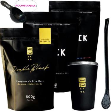 Imagem de Kit 3 Pacotes Black Erva Mate Tereré + Copo de Alumínio Térmico + Bomb