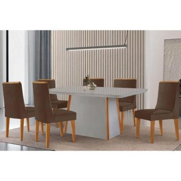 Imagem de Conjunto: Mesa de Cozinha Tilia c/ Tampo Madeirado c/ Vidro Canto Curvo 180x90cm e 6 Cadeiras Dakota Naturale/Off White - Suede Marrom - Rufato