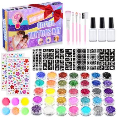 Imagem de Kit de tatuagem de glitter temporário 492 para crianças - 41 cores e 215 strass - 204 estênceis - 24 cores em pó com glitter - 3 colas - 5 pincéis - tatuagens à prova d'água para festas e maquiagem
