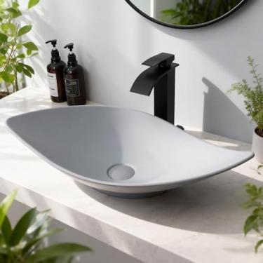 Imagem de Kukworye Pia de vaso preta de 63 cm com combinação de torneira e ralo de pedra de resina para pia de banheiro pequena pia de vaso acima do balcão em forma de folha