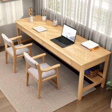 Imagem de Mesa dupla extragrande em madeira com 2 gavetas e prateleira de armazenamento, perfeita para escritório doméstico e mesa de estudo.