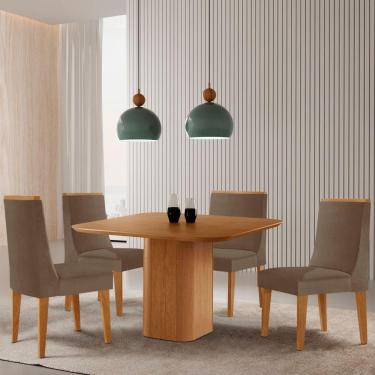 Imagem de Mesa De Jantar Eloise 90cm Tampo Mdf Com 4 Cadeiras Moderna Veludo Capuccino/naturalle