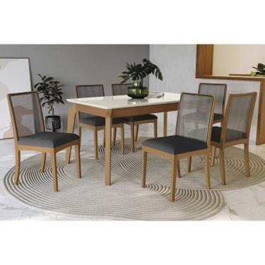 Imagem de Sala Jantar Mesa Petra Premium Madeira Maciça c/ Tampo Madeirado c/ Vidro 160x90cm e 6 Cadeiras Lara Carvalho/Off White - Boucle Chumbo - Kappesberg