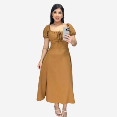 Imagem de Vestido Midi Feminino Drapeado costas Manga Princesa - ZIEM, Marrom cl