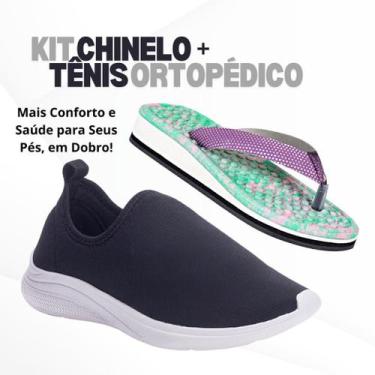 Imagem de Kit Tênis Feminino Casual Calce Fácil e Chinelo Ortopédico Para Esporã