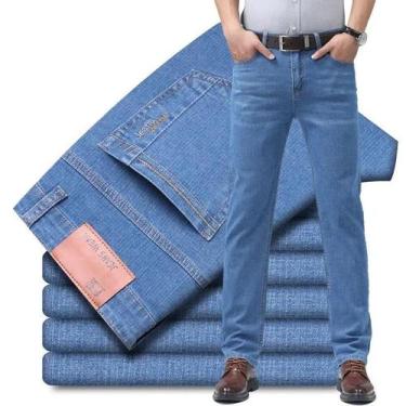 Imagem de Calças Jeans Masculinas De Verão Finas E Elásticas Em Algodão Azul Con