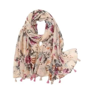 Imagem de Xale Feminino De Algodão E Viscose 180x90cm Com Borlas, Estampa Floral